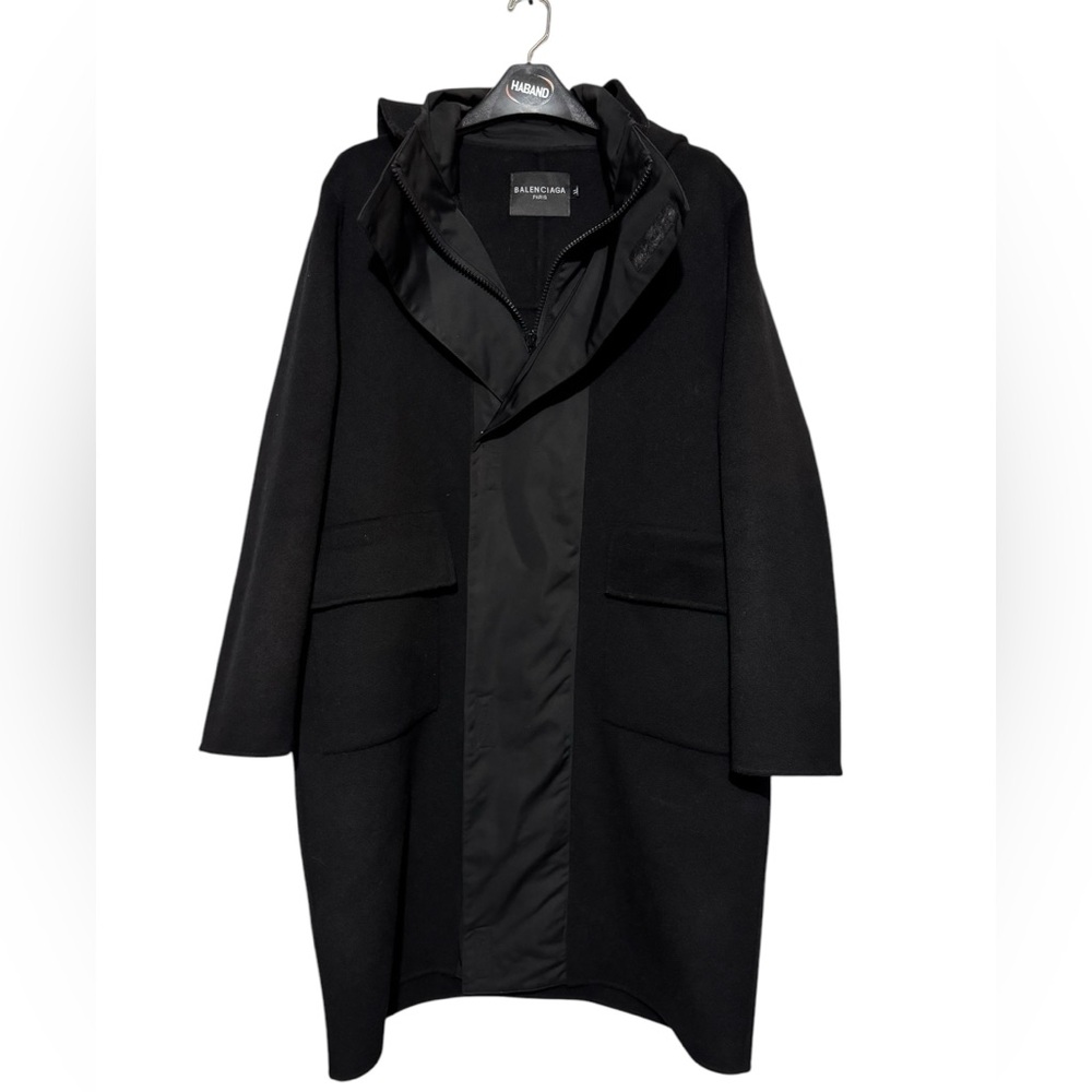 Balenciaga Black Hooded Wool-Blend Trench Coat